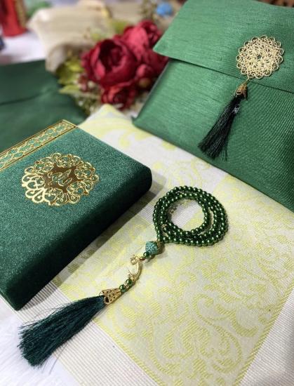 Çanta Boy Kuran-ı Kerim Seccade İnci Tesbih Seti (Yeşil)